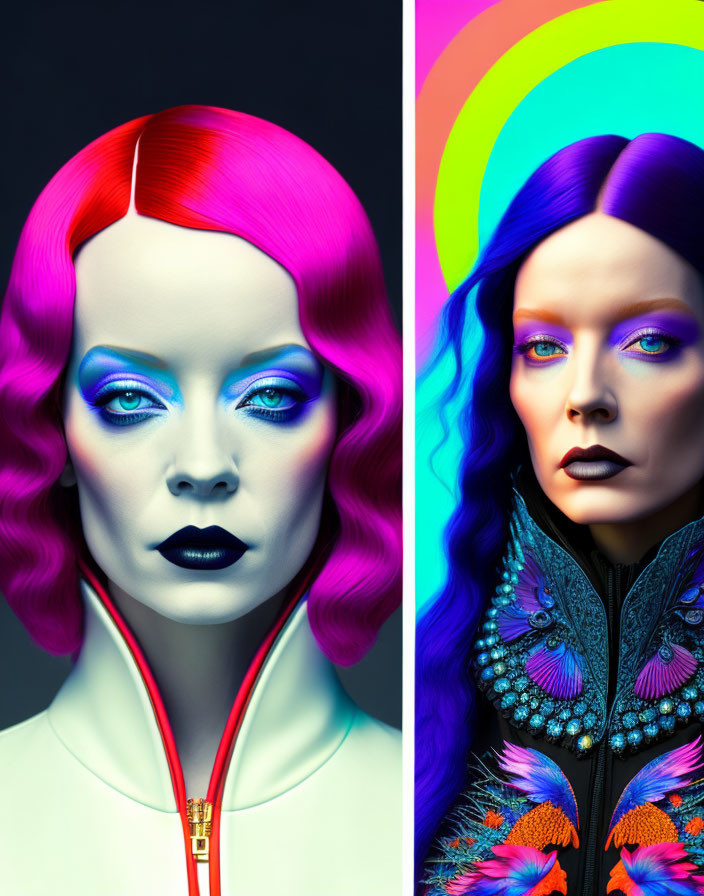 Vibrant multicolored hair and bold makeup portraits on contrasting background