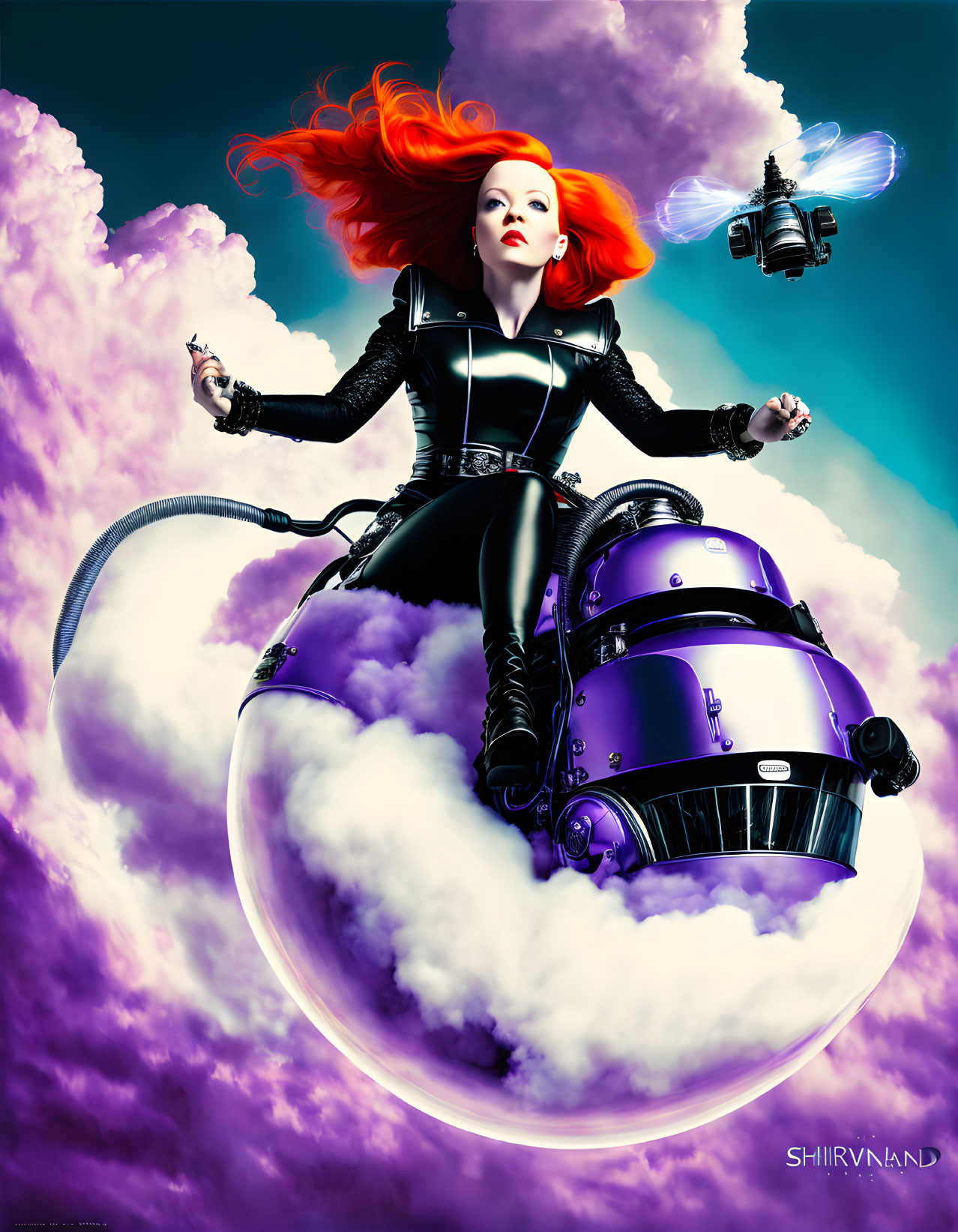 Red-haired woman on purple futuristic motorcycle in sky with drone