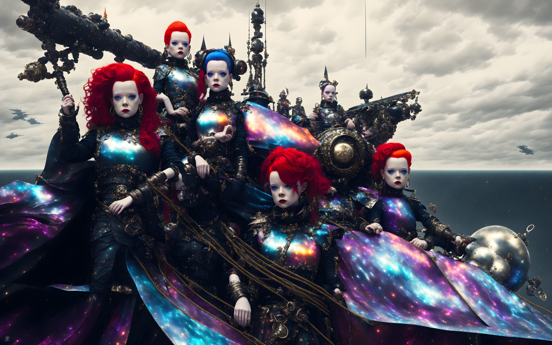 Cosmic-themed dolls with red hair on stormy seascape.