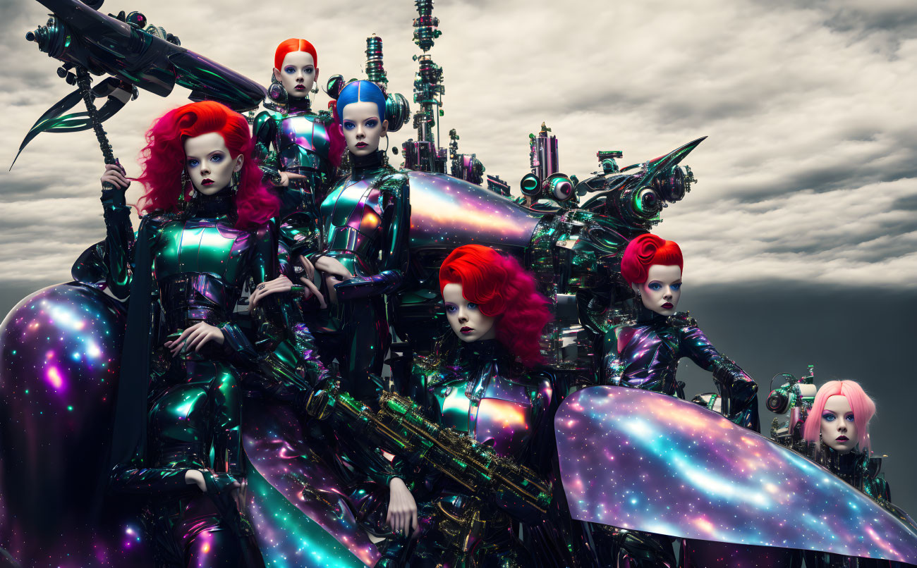 Multiple identical female figures in colorful hair and cybernetic suits against cloudy sky.