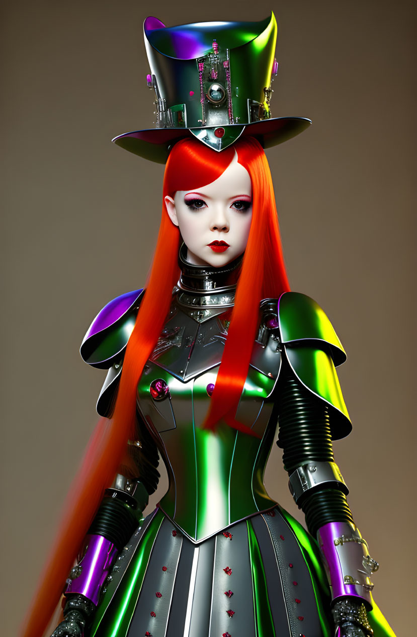 Futuristic female cyborg in red hair, green and purple armor suit