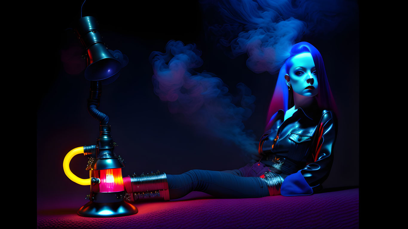 Woman reclining in neon-lit scene with hookah on dark background