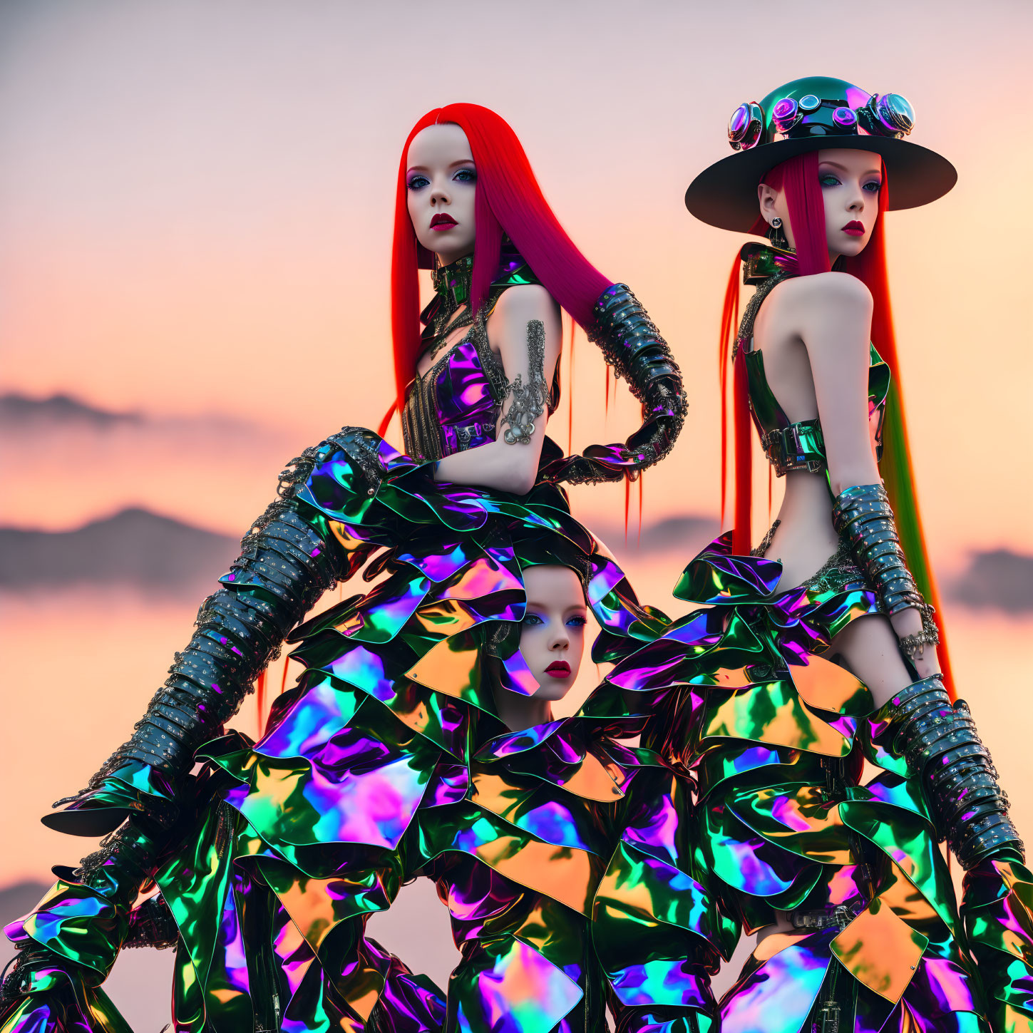 Three Red-Haired Female Figures in Futuristic Avant-Garde Outfits at Sunset