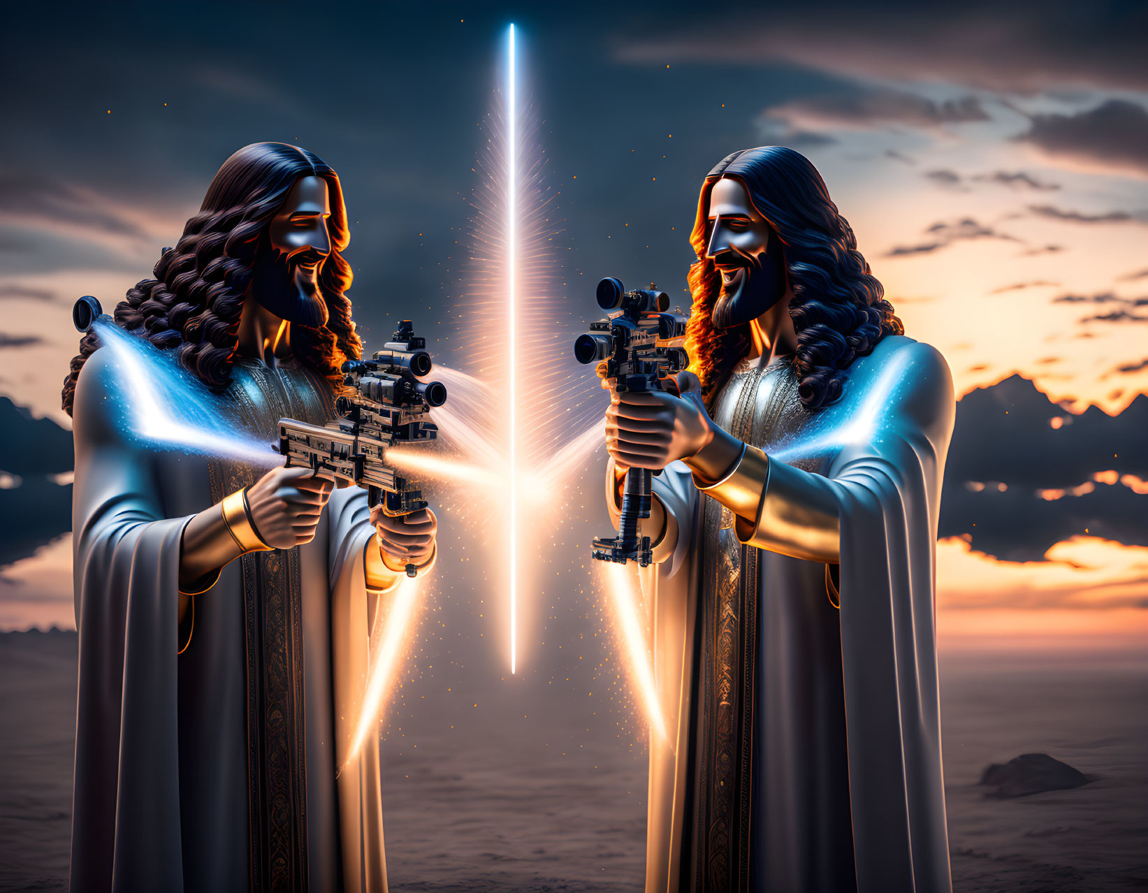 Identical figures in robes with glowing crosses against sunset sky