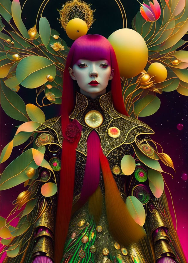 Colorful digital artwork: Woman with red hair, peacock feathers, florals, and celestial motifs