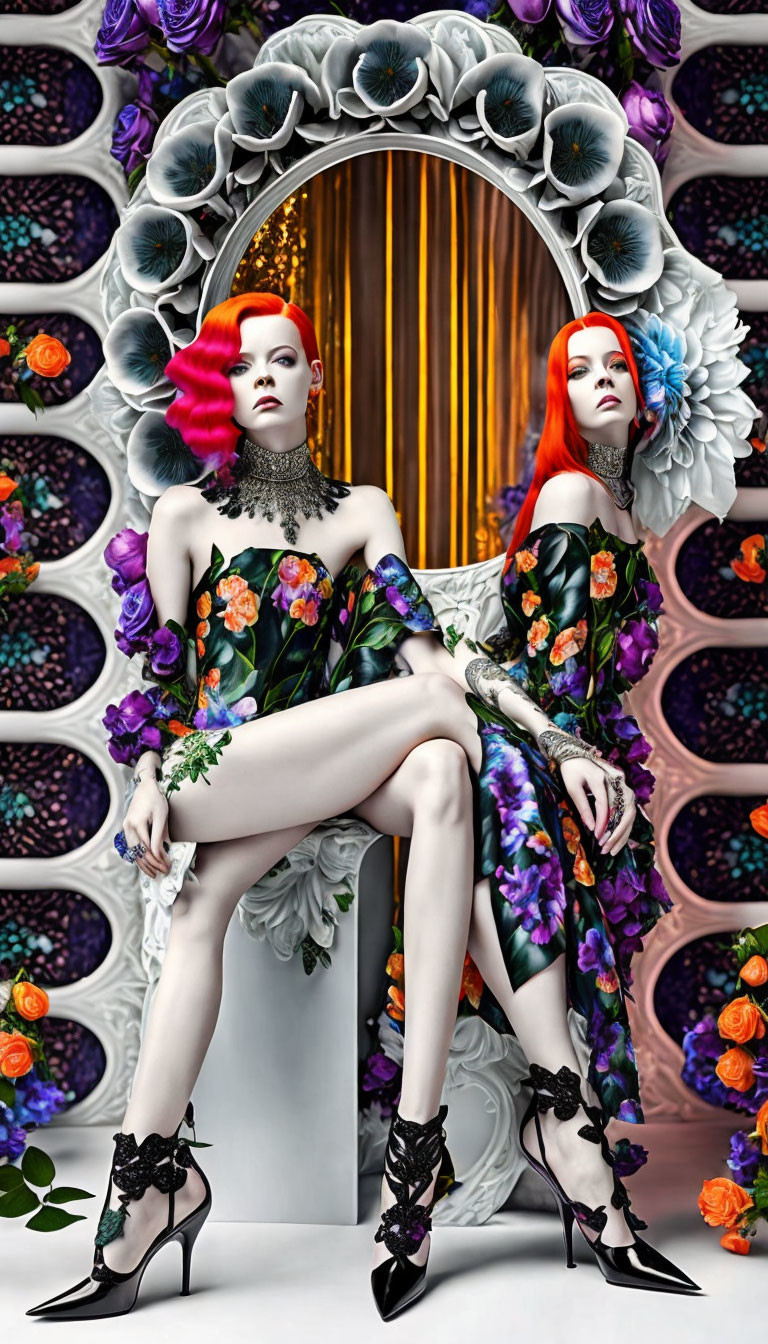 Colorful Mannequins in Floral Dresses Posing with Mirror