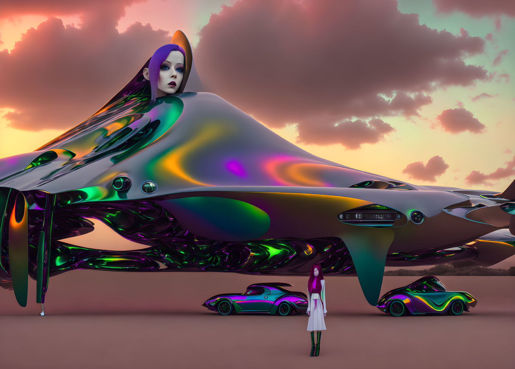 Surreal futuristic scene with giant humanoid face, spaceship, cars, woman, and pink sky
