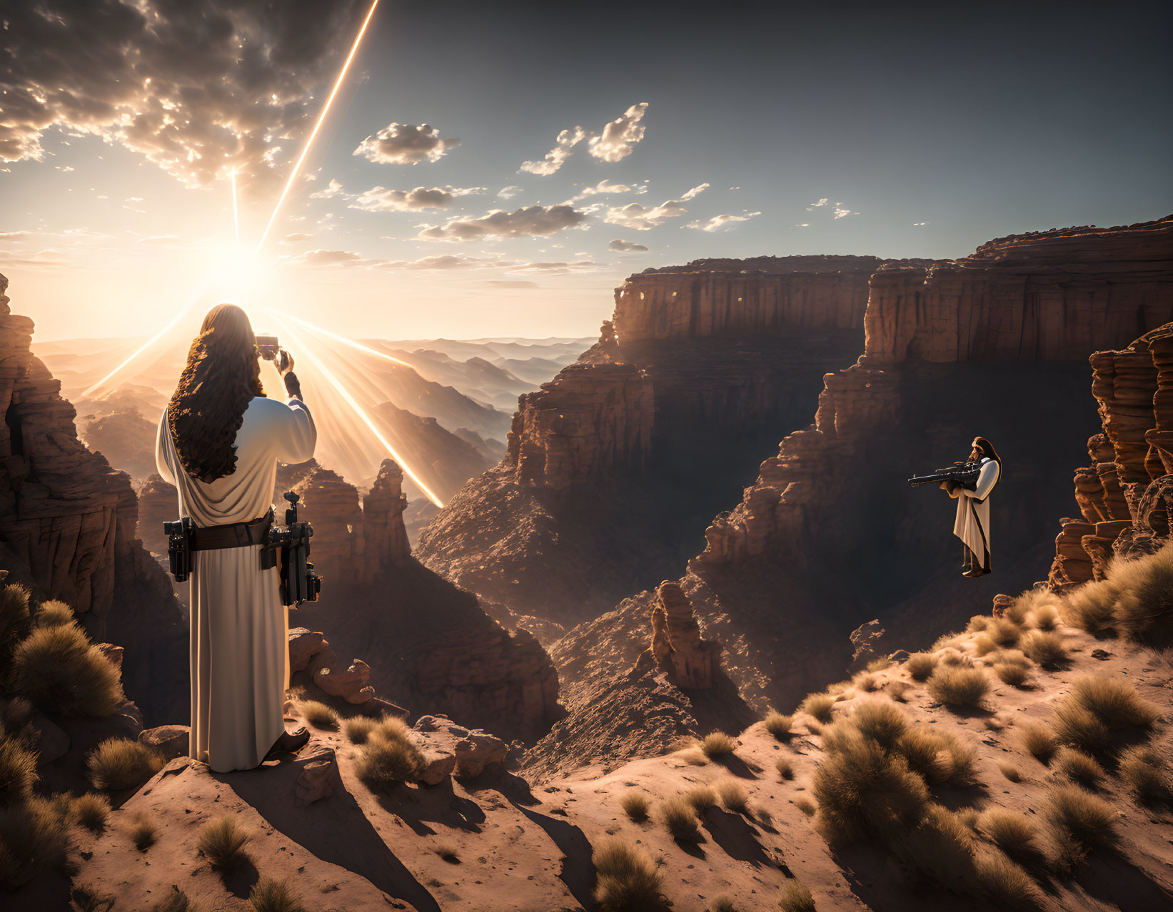 Robed figures on desert cliffs with wind instrument and light beam.