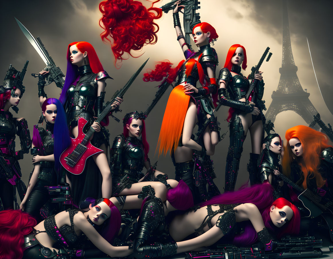 Stylized futuristic female warriors in black armor with colorful hair pose in front of Eiffel Tower