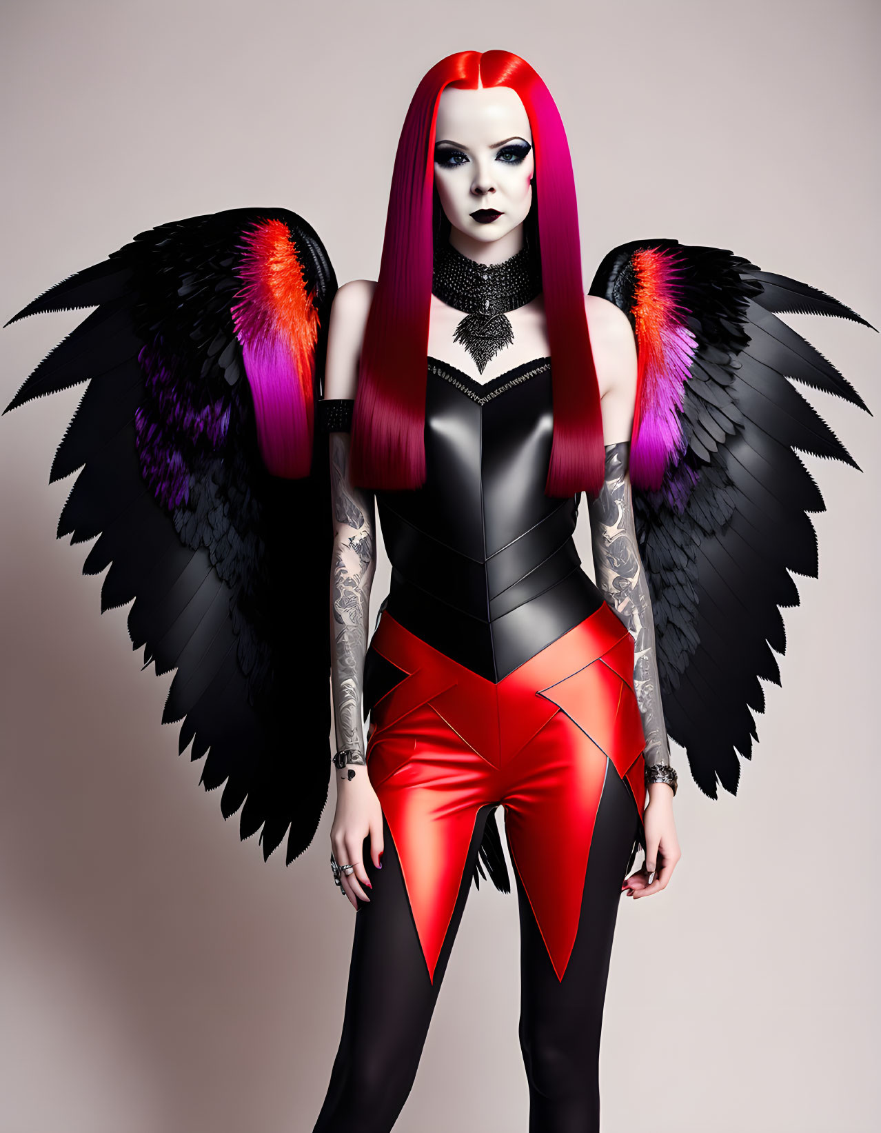 Vibrant Red and Black Hair, Large Wings with Orange Highlights, Black Outfit, Red S