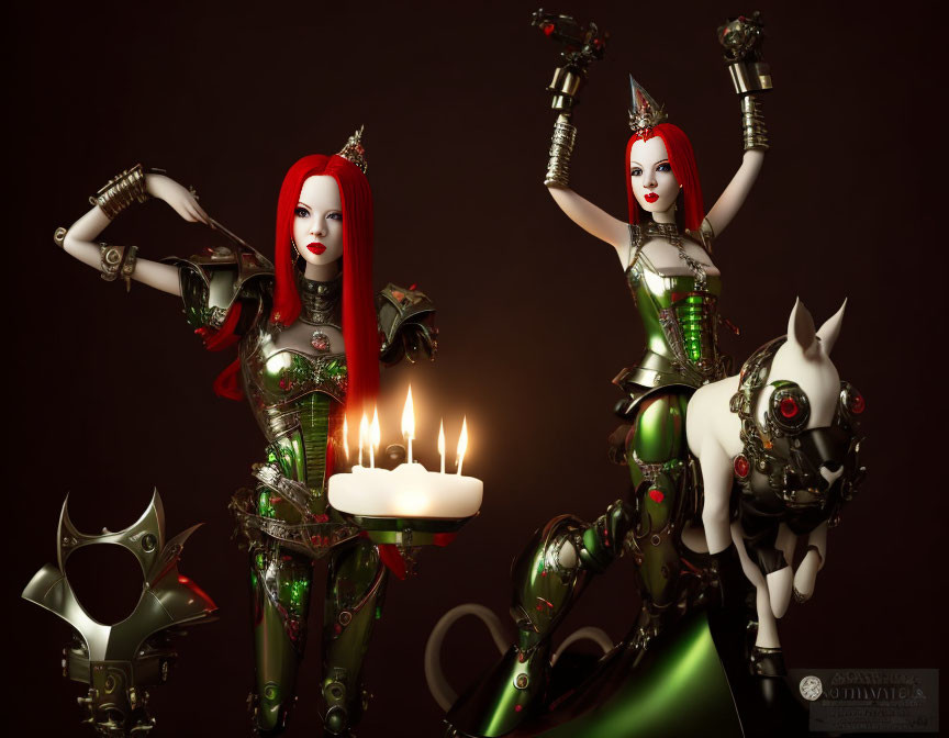 Futuristic red-haired female characters in metallic bodysuits with robotic dog on dark backdrop