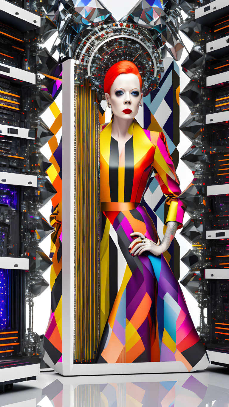 Futuristic image: Mannequin with red hair in geometric clothing among server racks