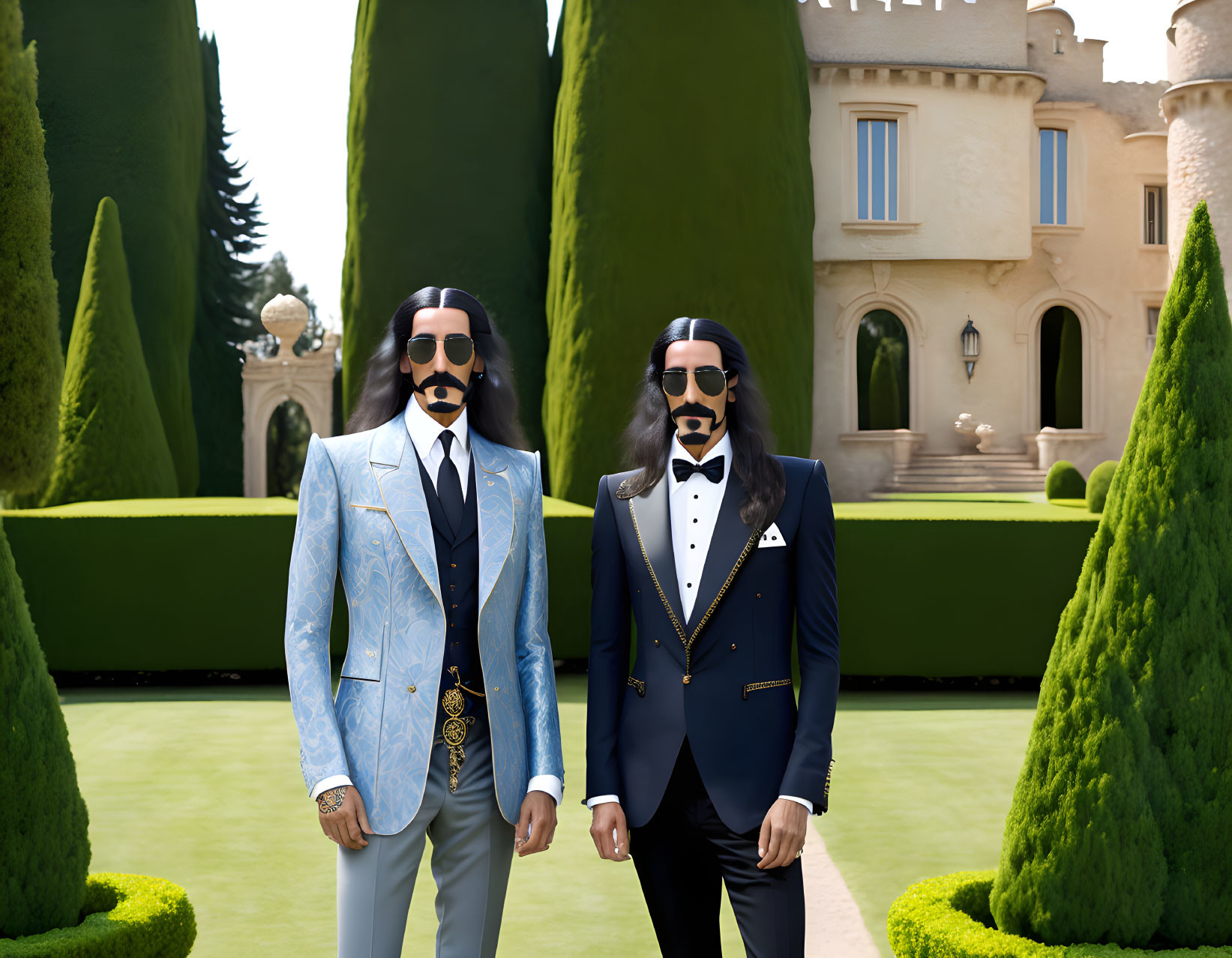 Elegant men in suits with long hair and beards at luxurious mansion