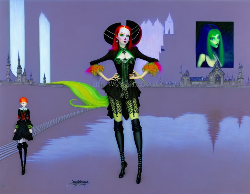 Vibrant painting of two women with green hair in avant-garde outfits