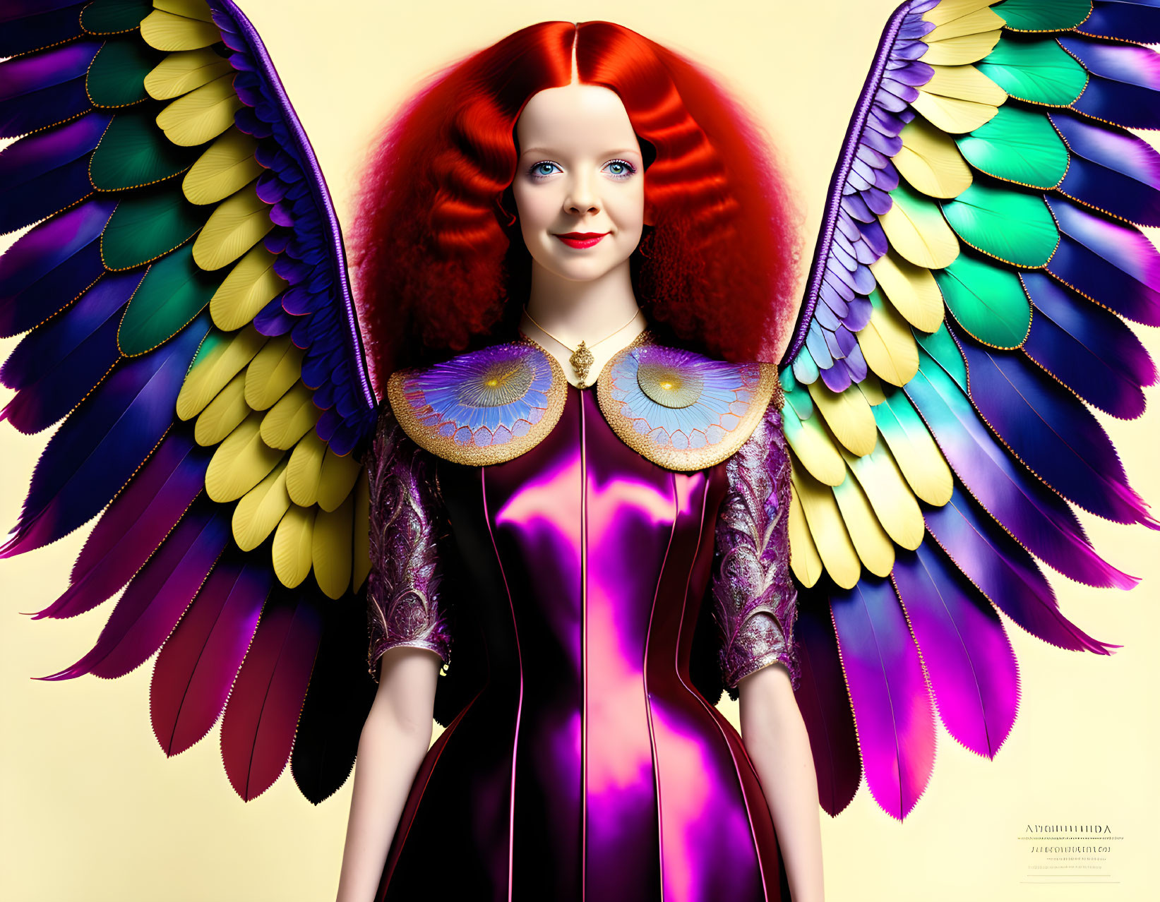 Red-haired girl with multicolored angel wings on yellow background in purple dress.