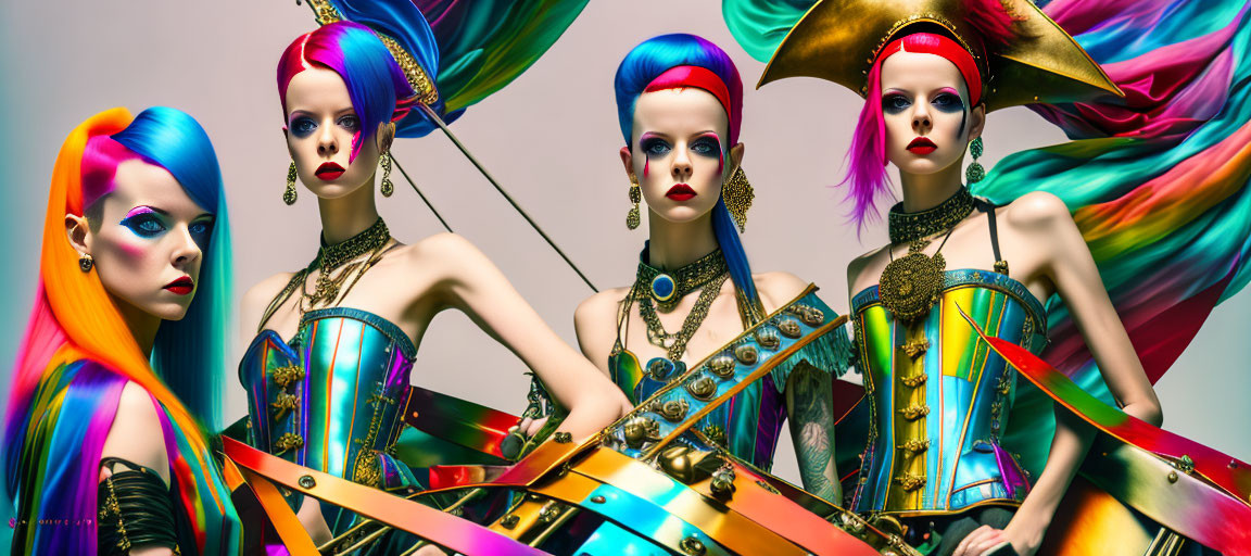 Four mannequins with vibrant hair, dramatic makeup, golden armor, and colorful fabric.