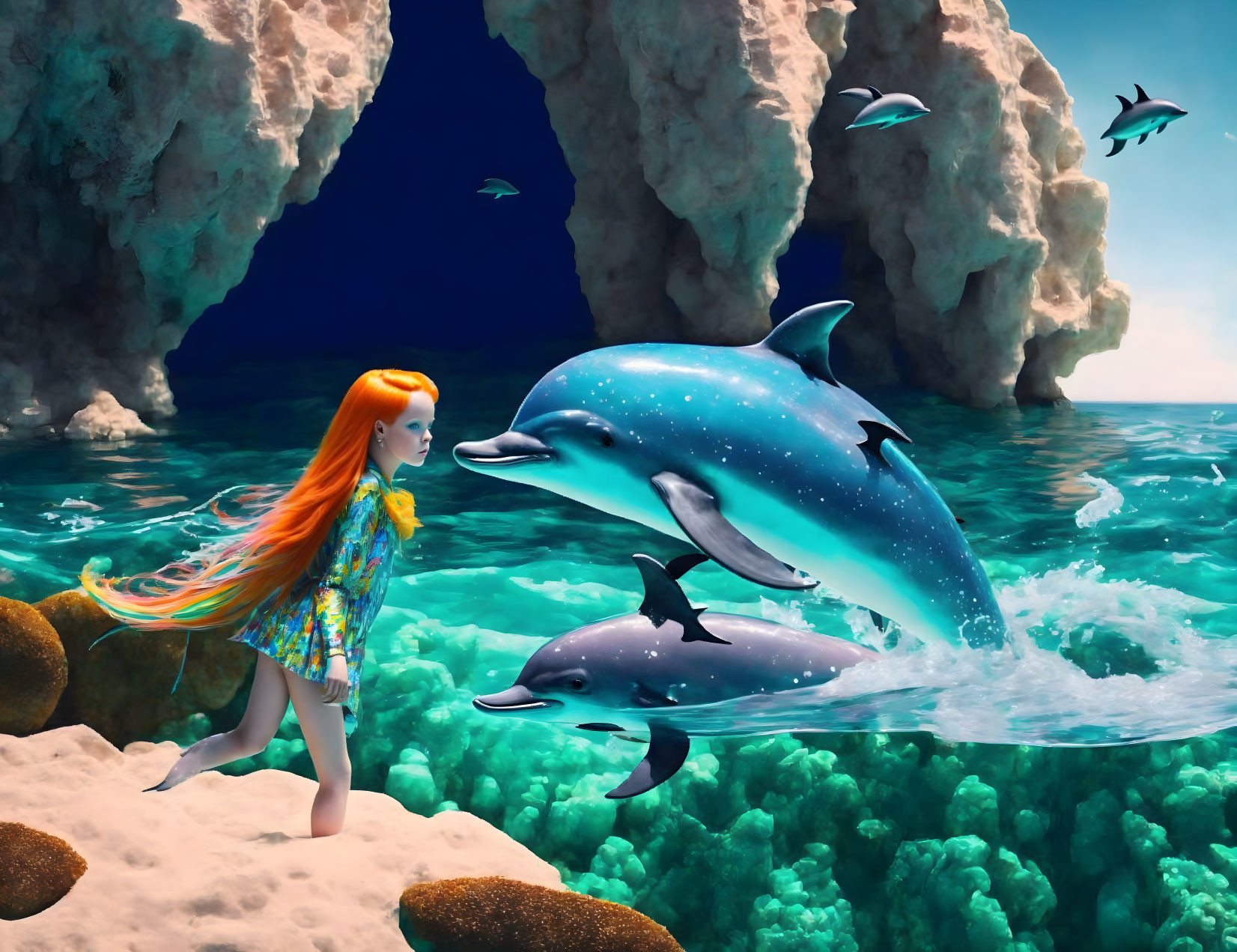 Red-haired girl with dolphins near coral reef under blue sky