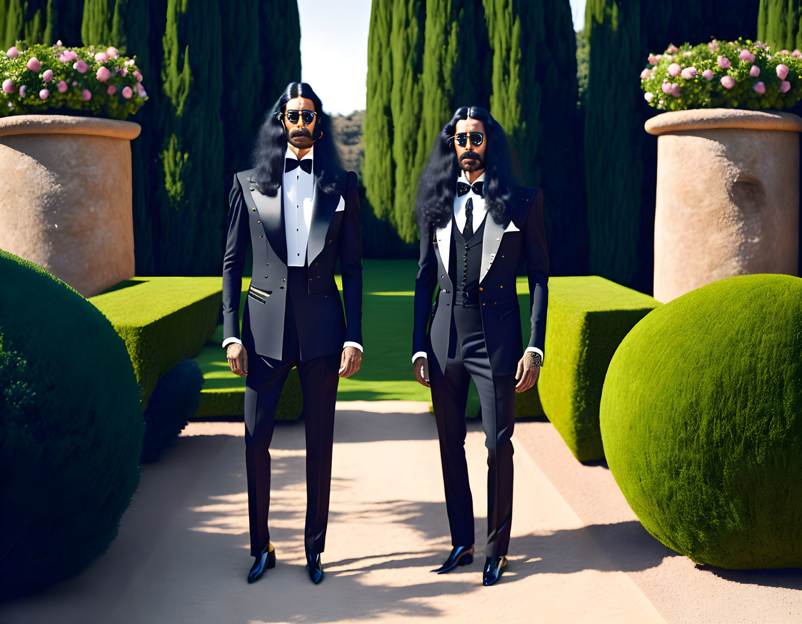 Stylish Men in Formal Attire with Sunglasses in Manicured Garden