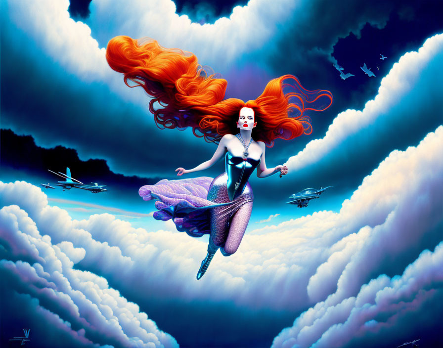 Fantasy illustration of woman with red hair in corseted dress among flying fishes