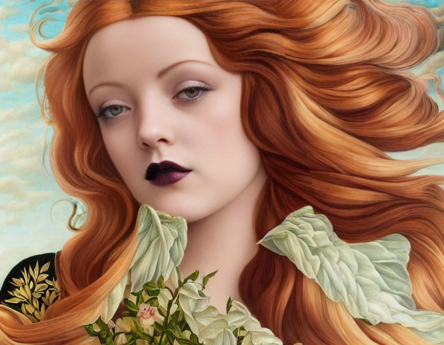 Digital painting of woman with red hair, porcelain skin, dark lips, green leaf and rose dress