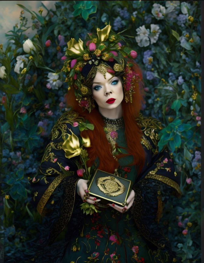 Elaborate Golden Floral Headdress on Woman Holding Book