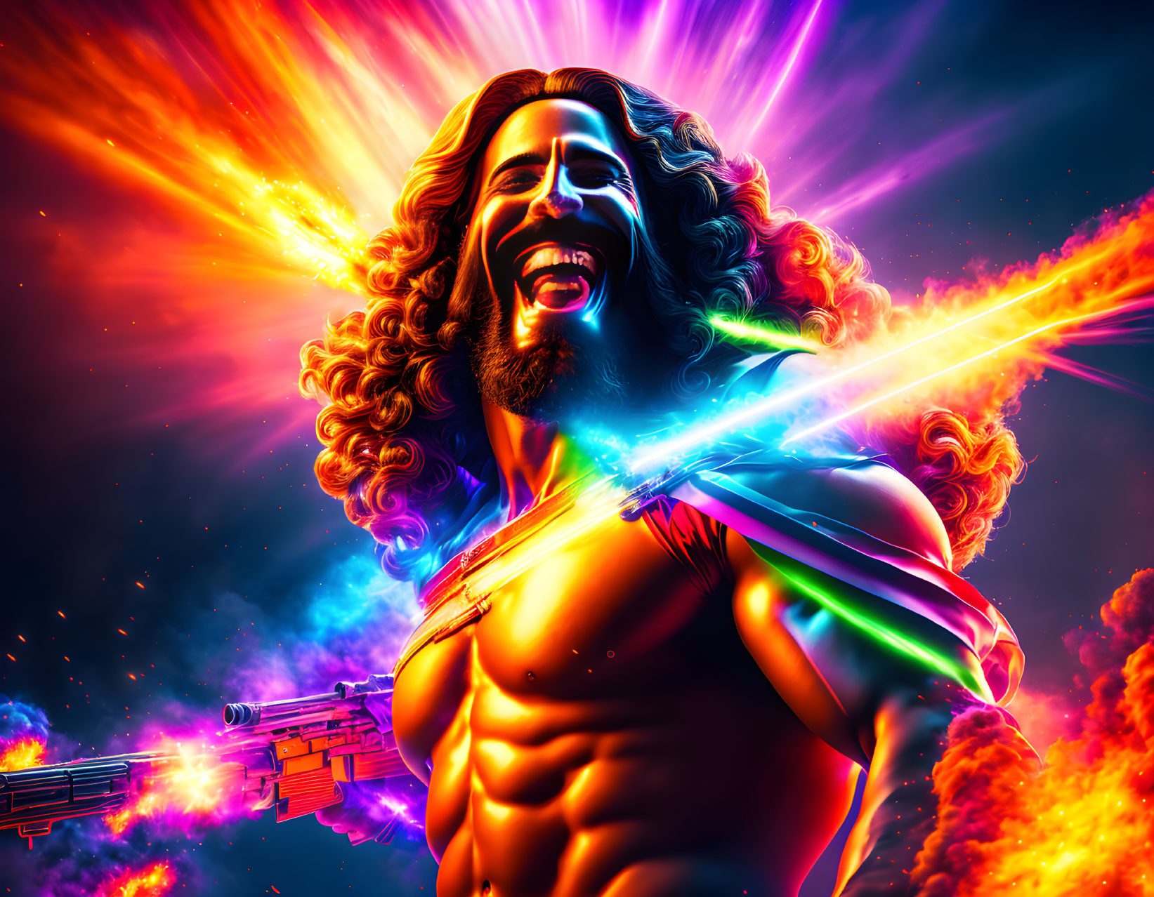 Muscular man with futuristic gun in neon-lit cosmic scene