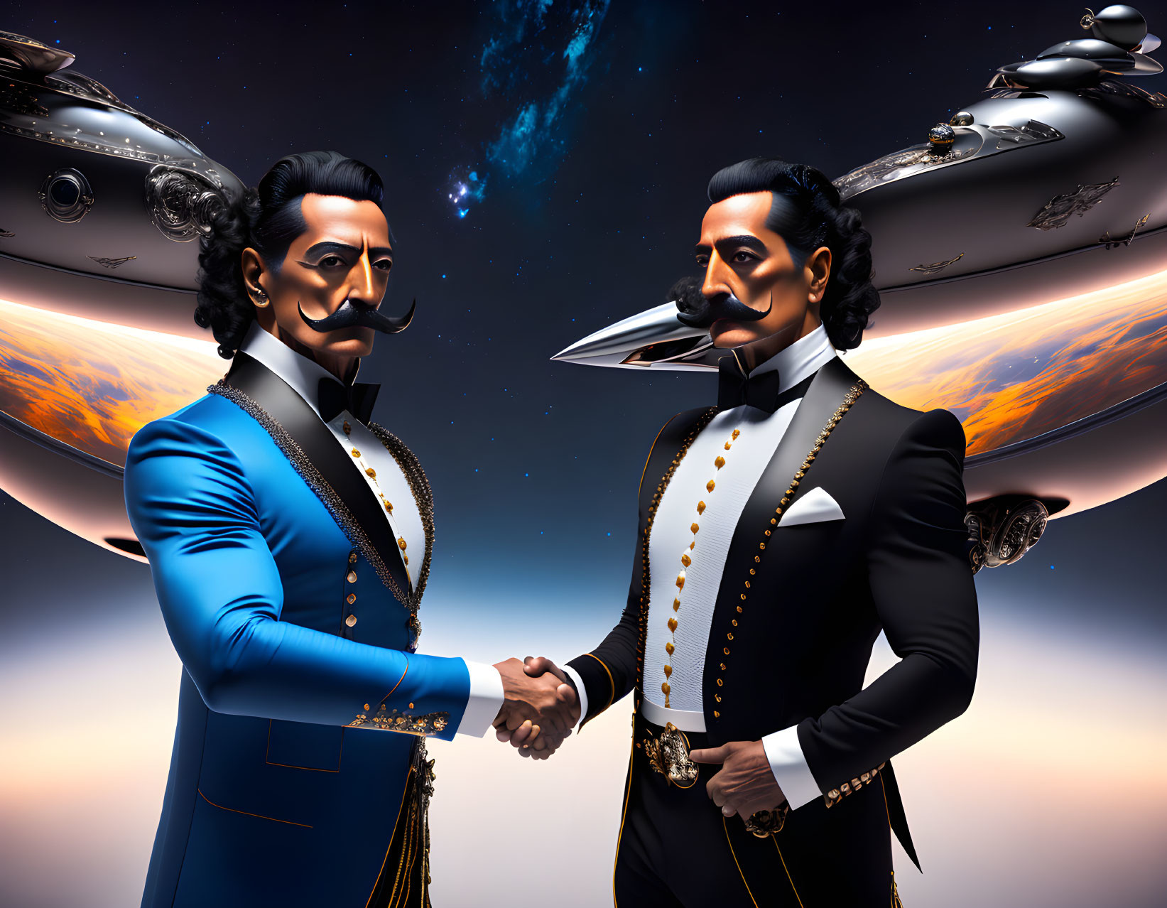 Stylized gentlemen with metallic features shaking hands in space