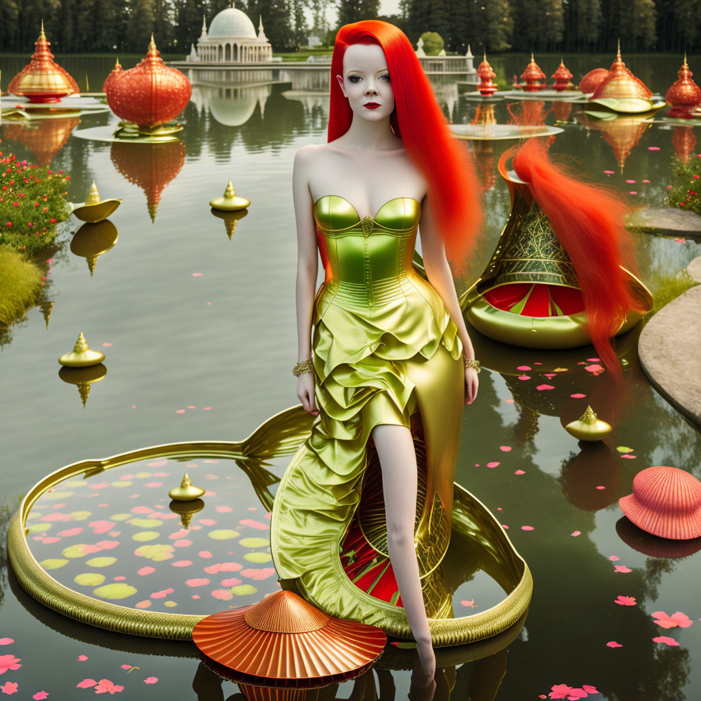 Red-Haired Female Figure in Green Dress on Golden Platform by Serene Pond