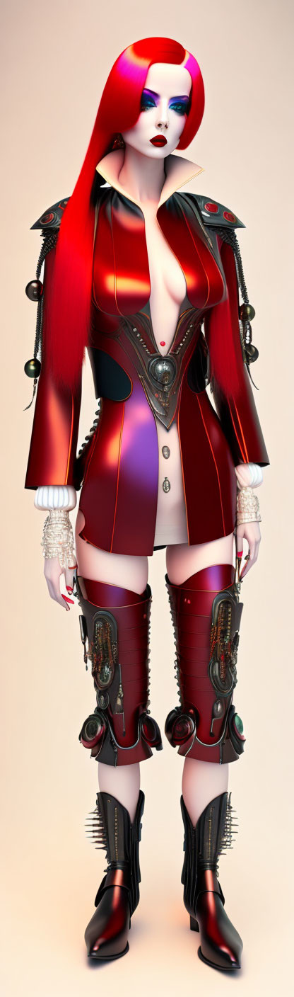 3D Rendered Female Figure in Futuristic Red & Black Outfit