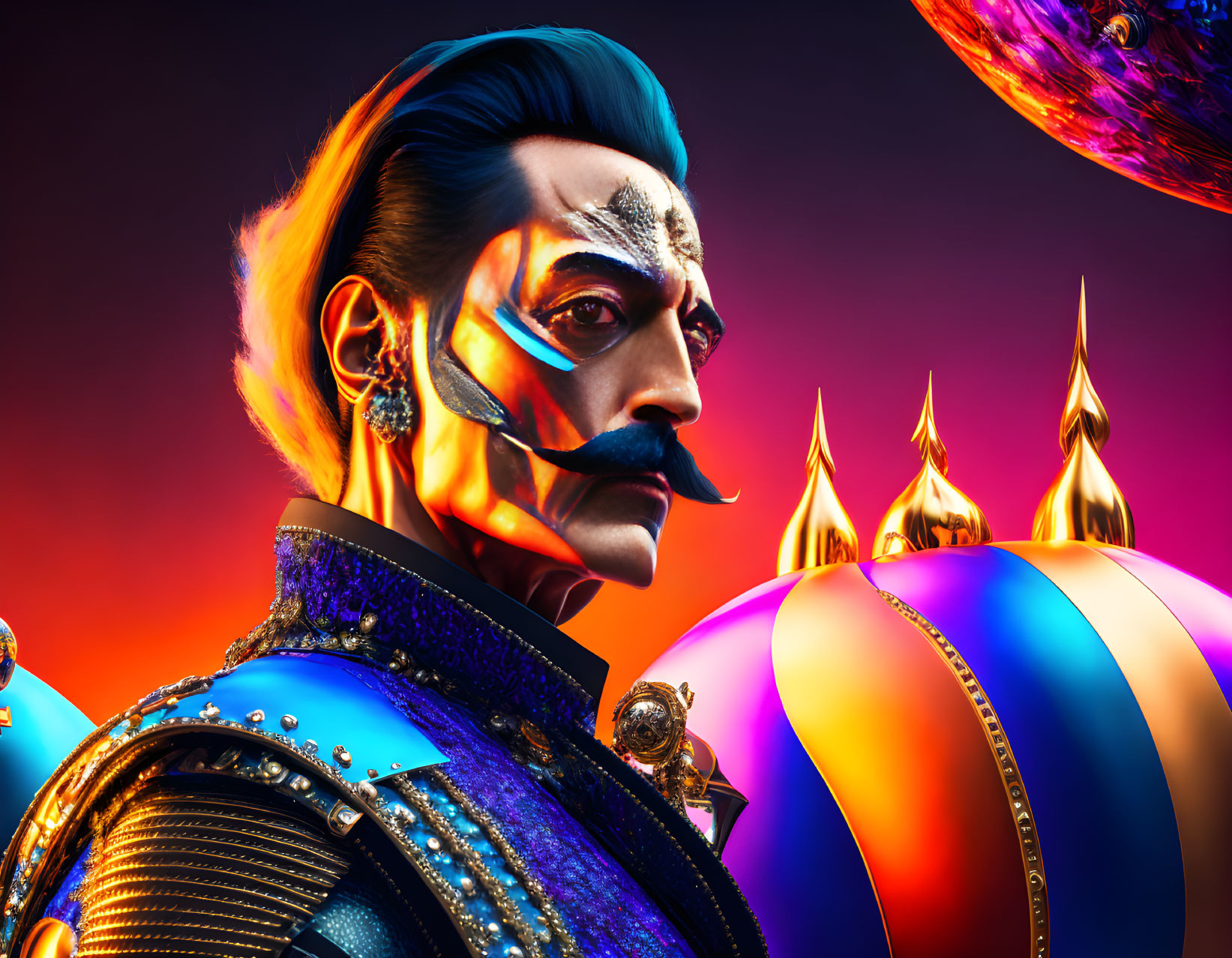 Colorful digital artwork of a man in decorative armor with unique facial hair and makeup, surrounded by fiery