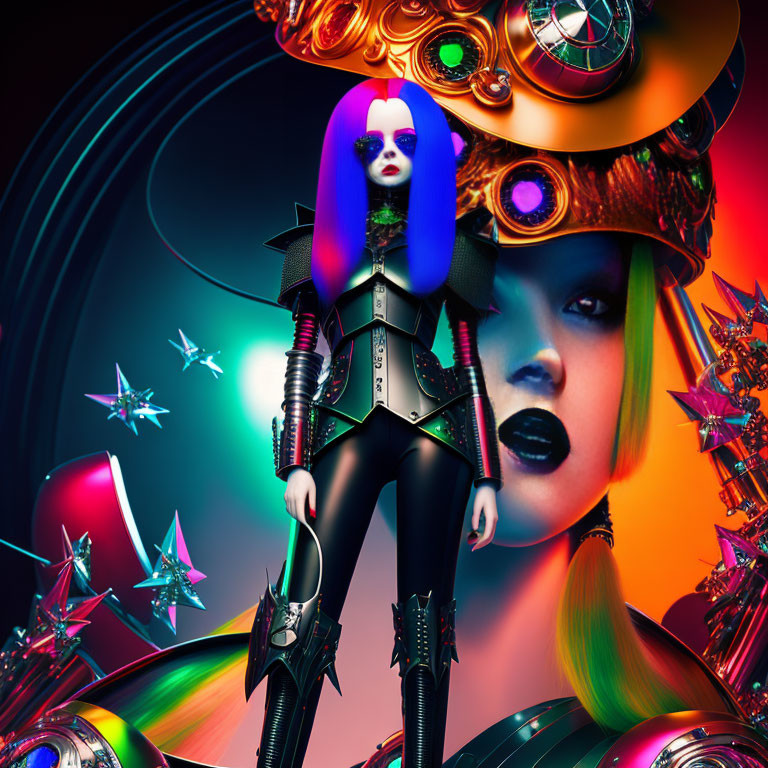 Futuristic female figure in stylized armor with avant-garde headdress and vibrant abstract shapes.
