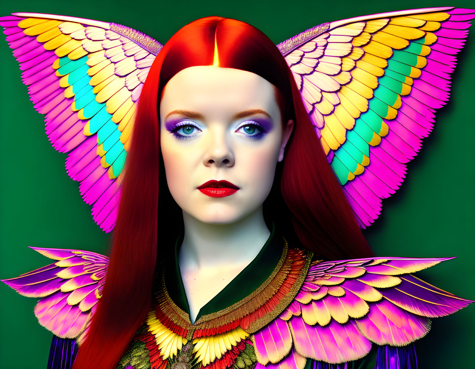 Vibrant red-haired woman with multicolored butterfly wings on green background