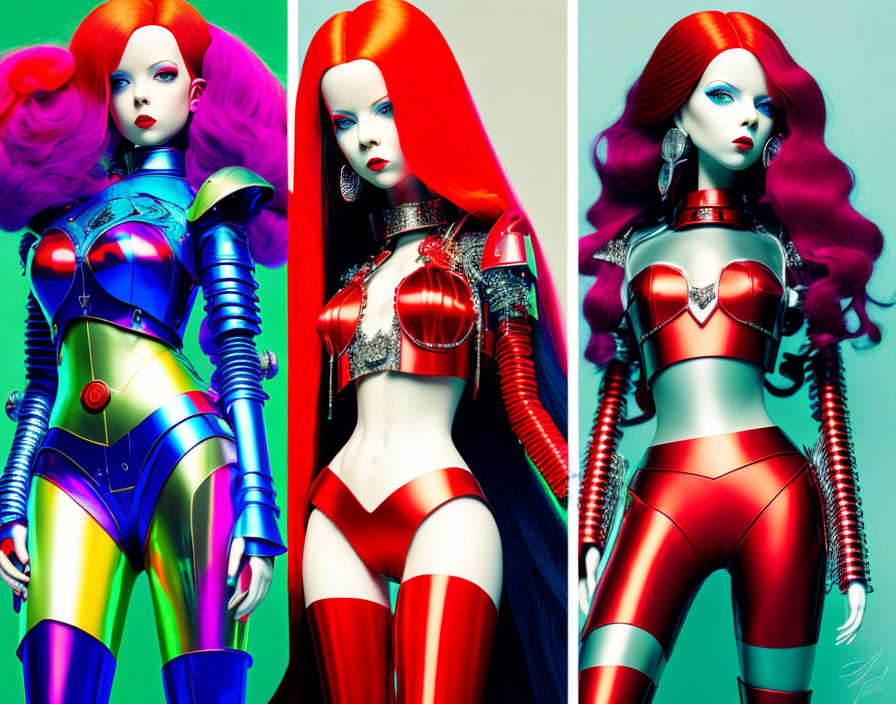 Stylized female mannequin images with colorful hair and futuristic metallic armor