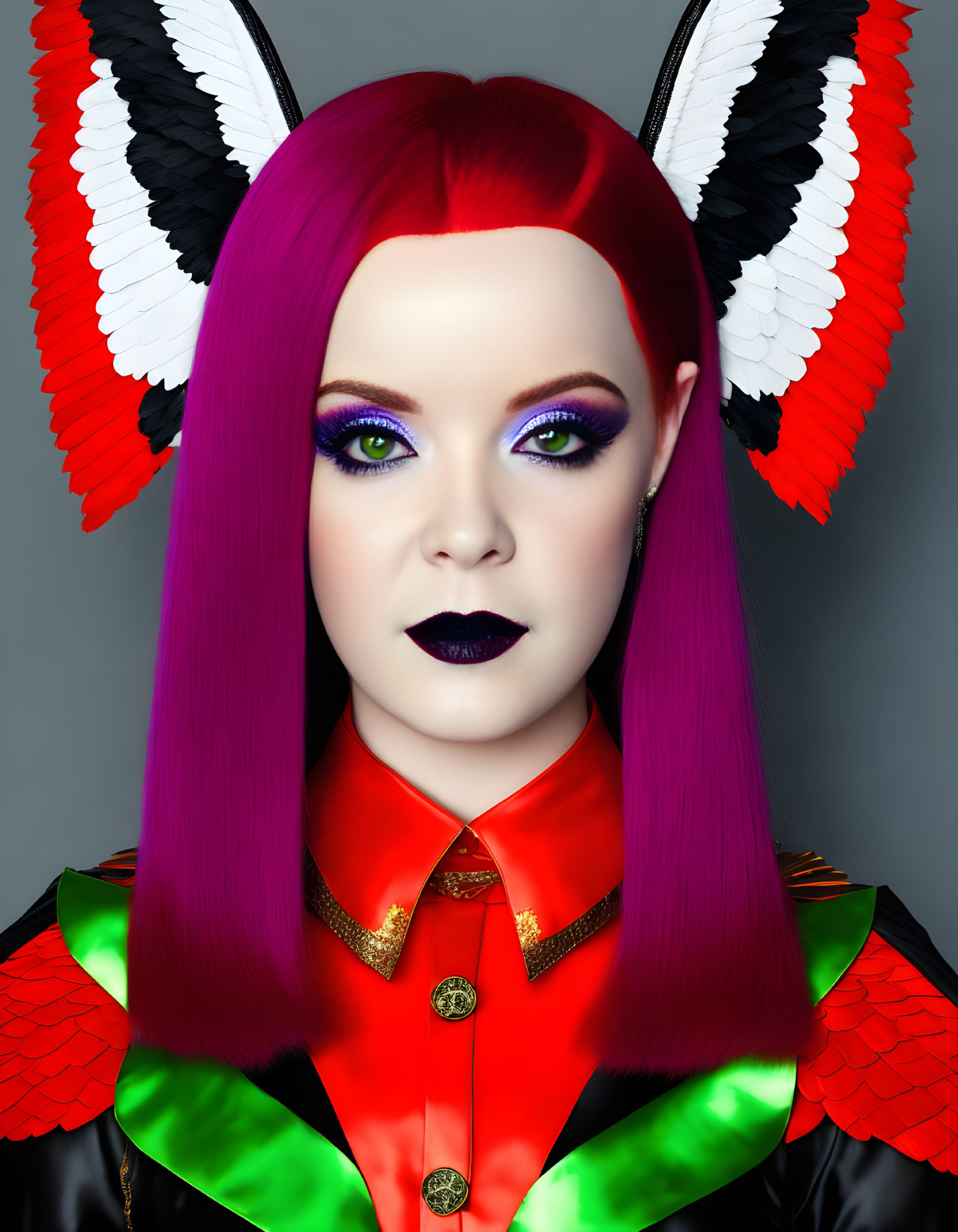 Vibrant Purple Hair Woman with Butterfly Wings and Striking Makeup