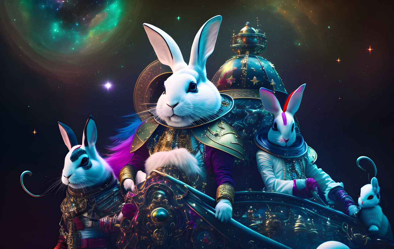 Futuristic armored anthropomorphic rabbits in cosmic setting