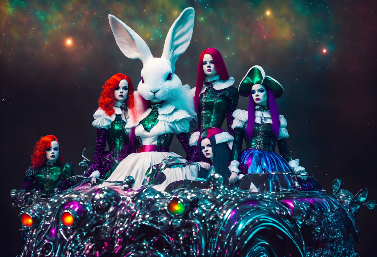 Group of people in vibrant rabbit-themed costumes on ornate metallic car under starry galaxy.