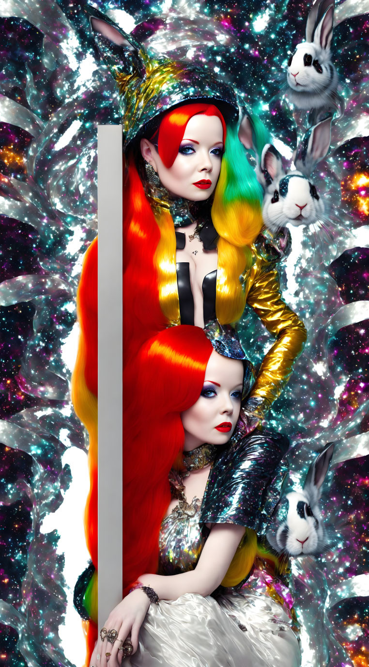 Colorful Hair Woman in Fantasy Cosmic Scene with Rabbits and Mirror