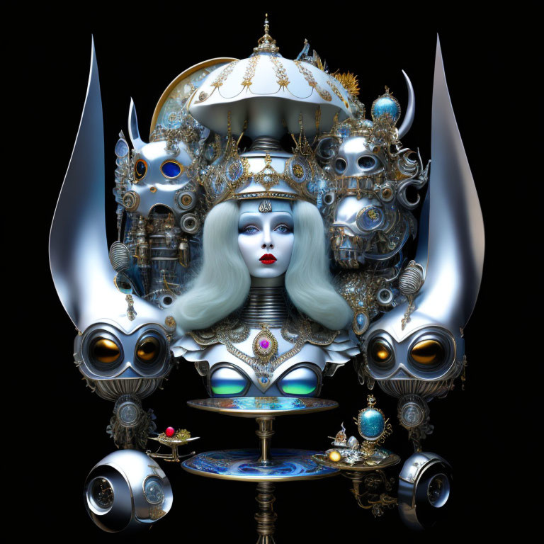 Symmetrical digital artwork of female entity with mechanical and baroque elements