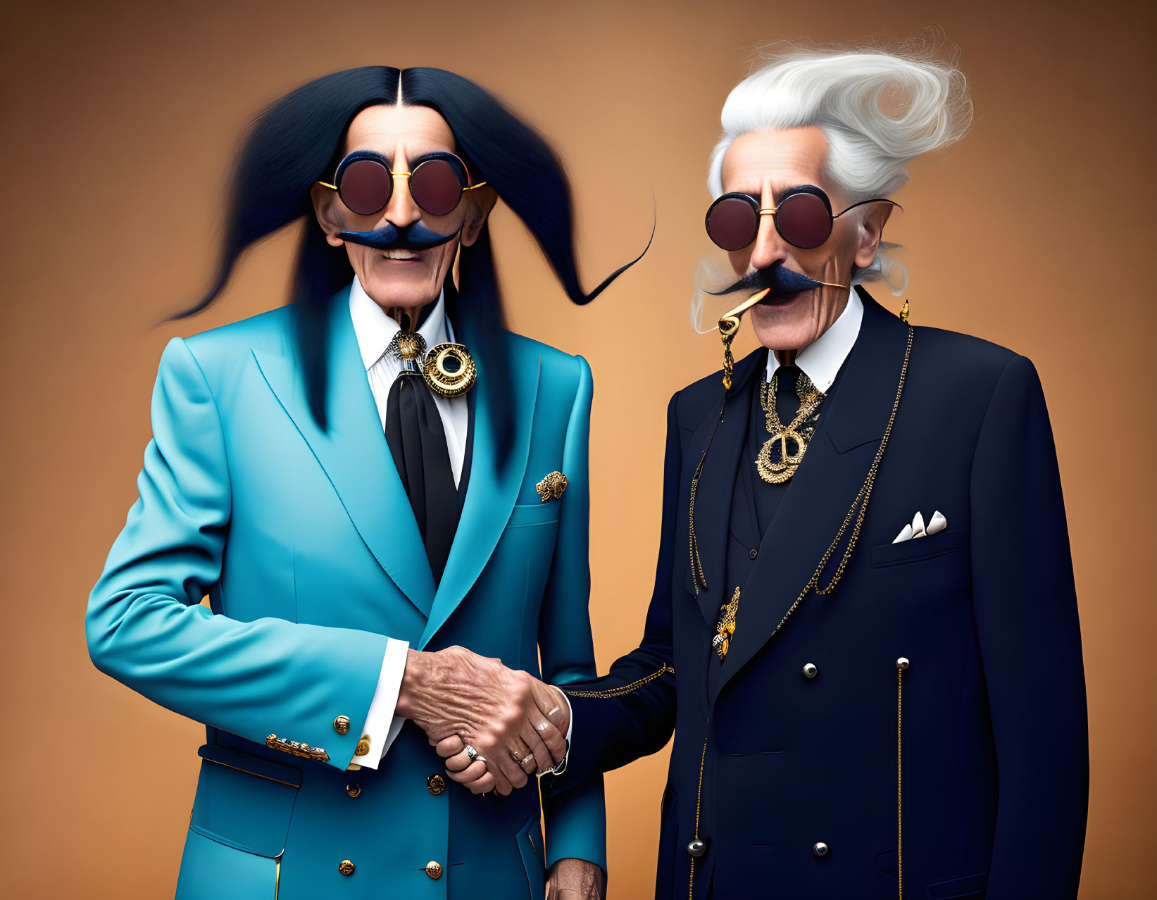 Stylized male figures in suits shaking hands with exaggerated features.