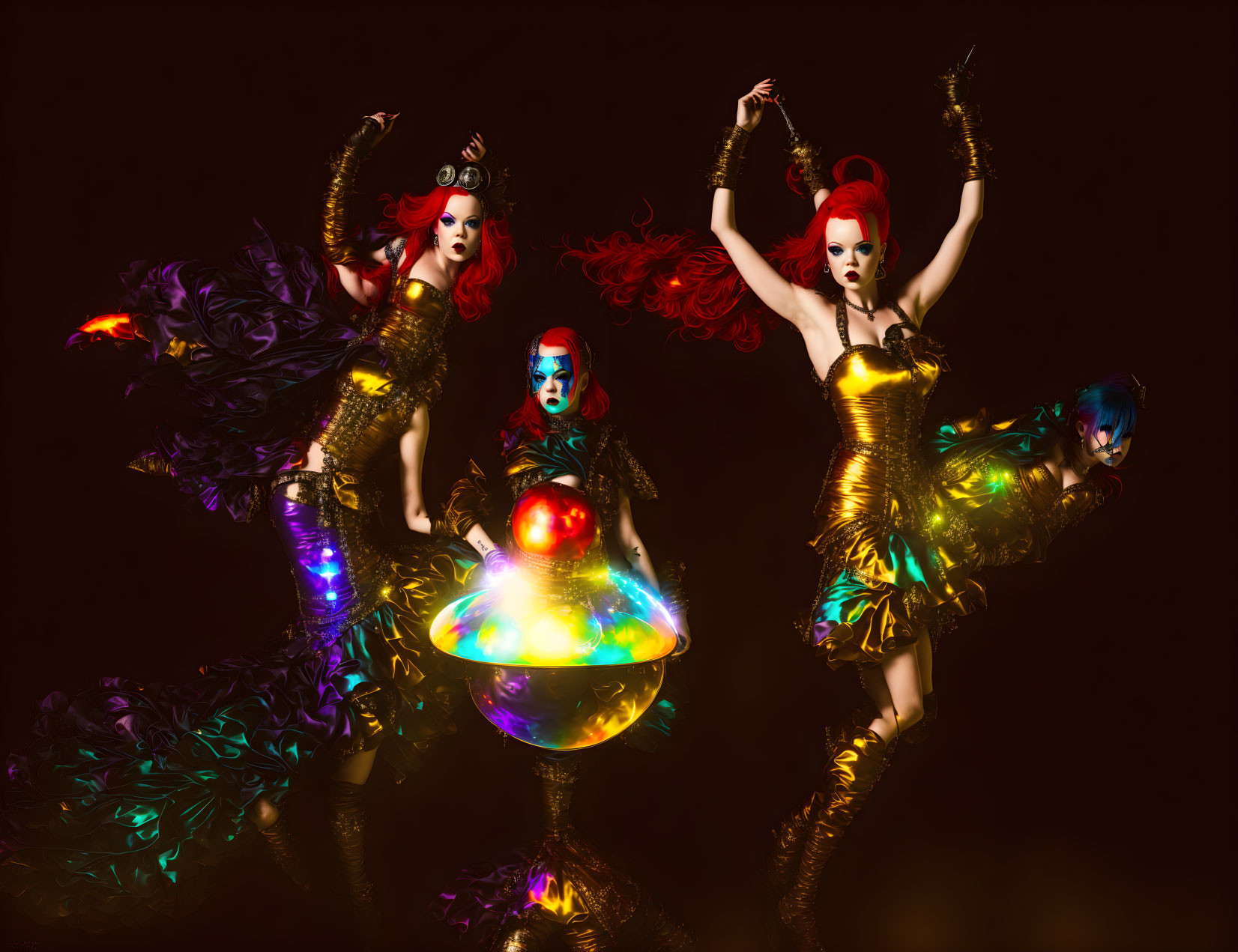 Avant-garde individuals in metallic costumes with vibrant hair and glowing orb