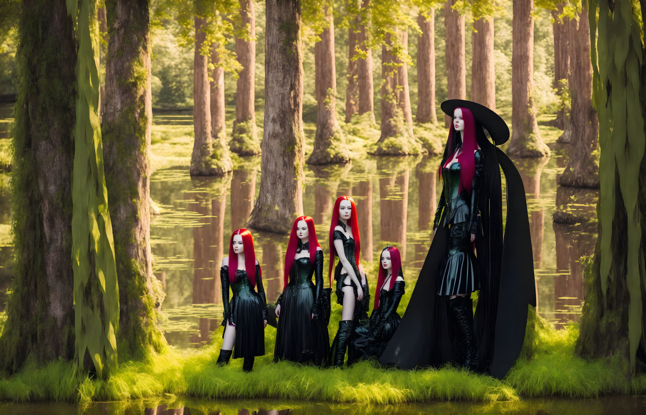 Red-haired individuals in gothic attire posing in serene forest scene