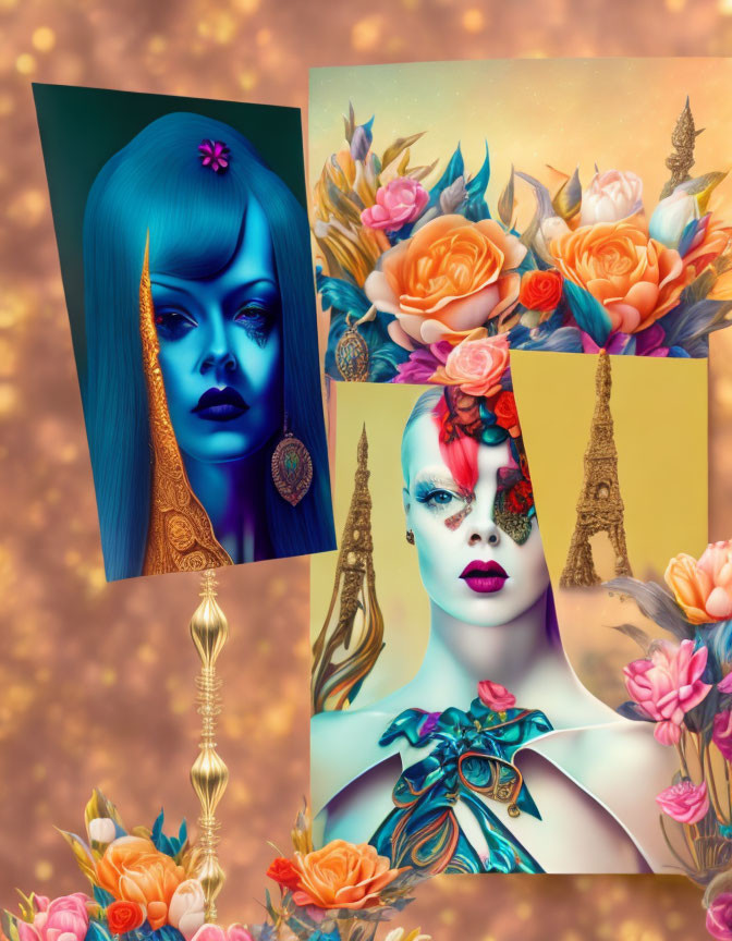 Surrealist collage with stylized female portraits and floral motifs on golden background