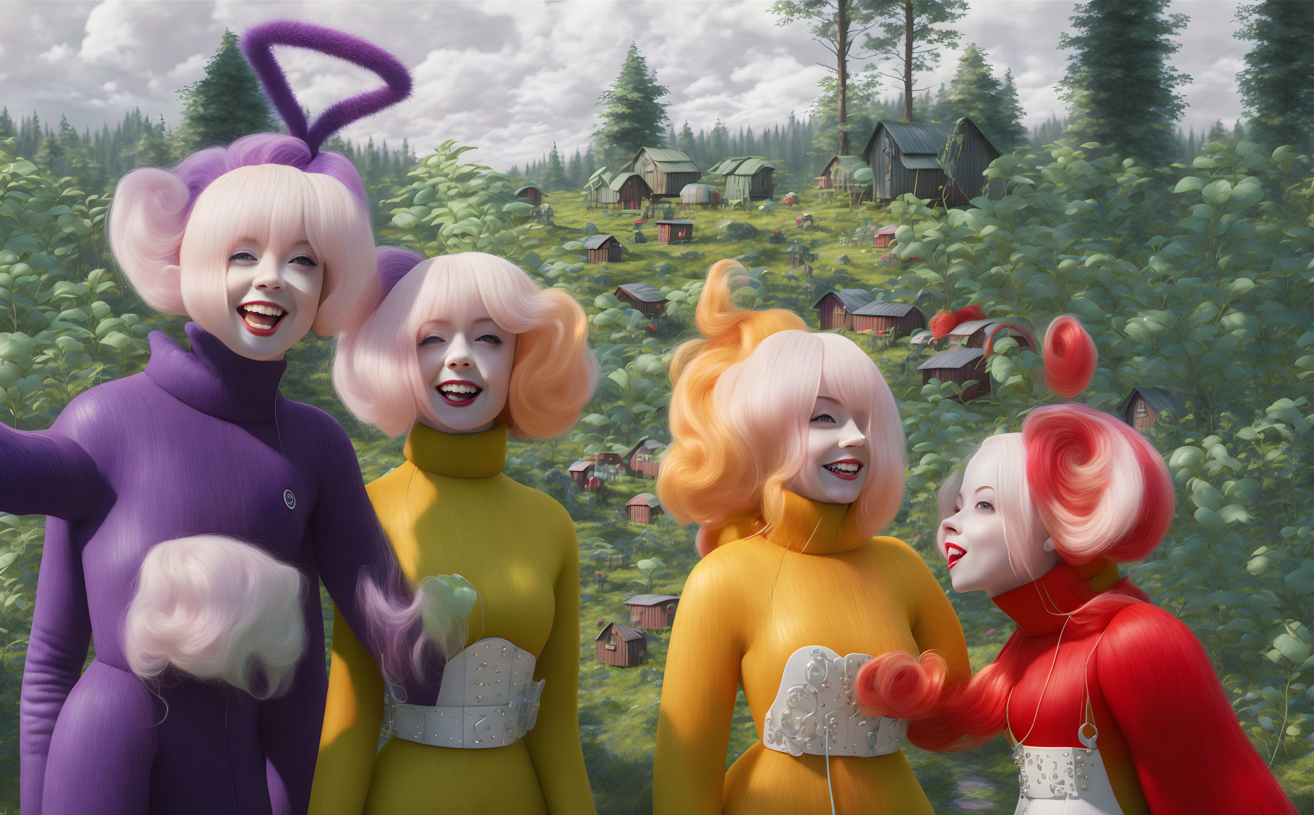 Four stylized women in colorful outfits laughing in whimsical outdoor scene