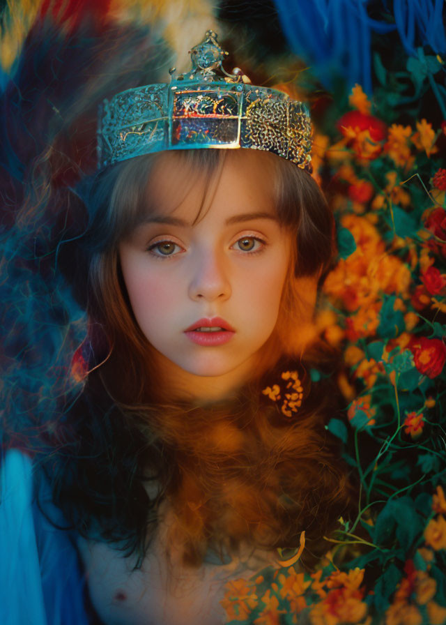 Young woman with crown in dreamlike setting among vibrant flowers and blue wisps