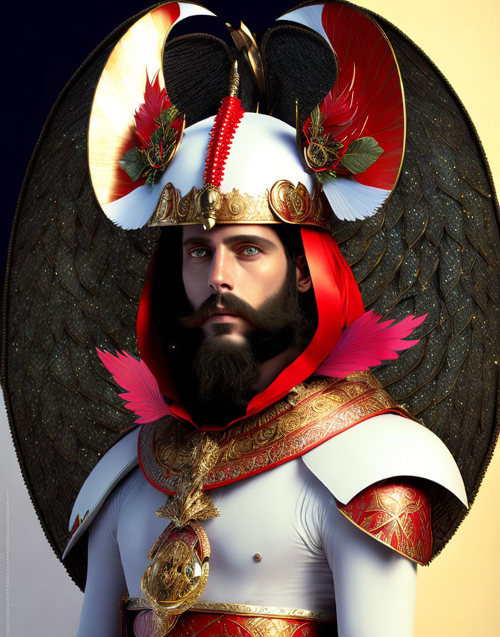 Digital portrait of a man in ornate fantasy helmet and regal armor