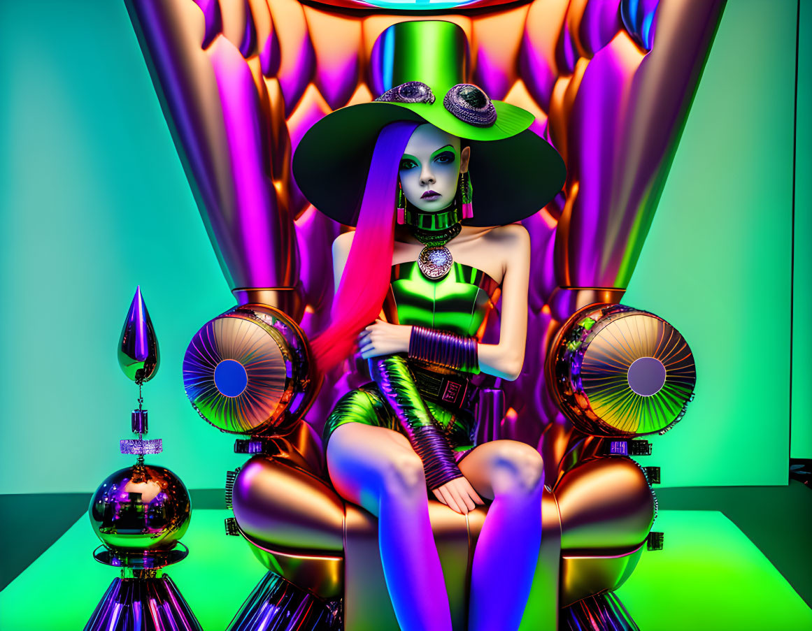 Green-skinned female in purple and black outfit with metallic accessories on vibrant abstract background