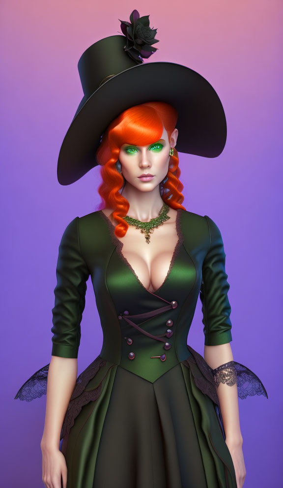 Digital art portrait of woman with vibrant orange hair, black hat with rose, dark green Victorian dress,