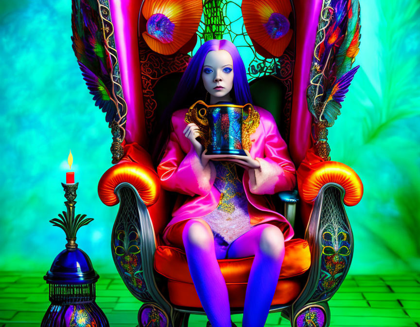 Colorful illustration: Female figure with purple hair on throne with cup, surrounded by psychedelic patterns and candle