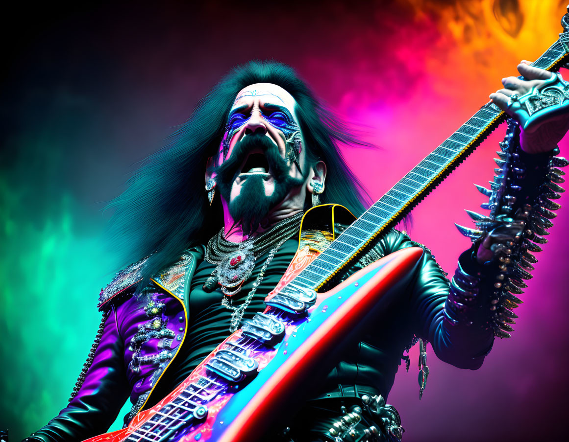 Colorful heavy metal musician playing electric guitar with face paint in red and green lighting