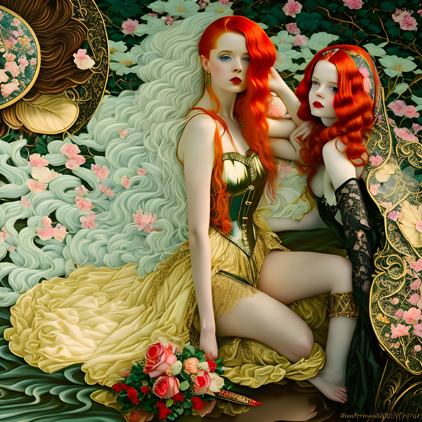 Stylized women with vibrant red hair in fantastical floral setting